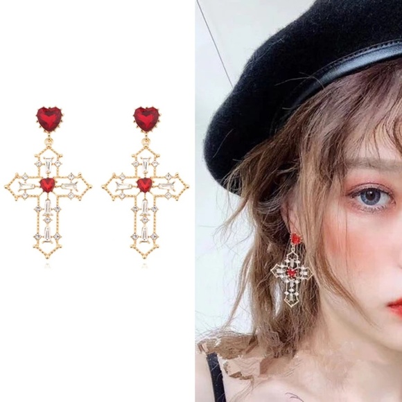 Jewelry - 925 Red ruby heart crystal cross earrings